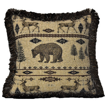 Bear Rustic Cabin Decorative Throw Pillow Brown/Beige With Fringe, 19x19