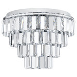 EGLO - Erseka, 20" 4-Tier Chandelier/Crystals, Chrome - The Erseka four tier ceiling light by Eglo features clear rectangle shaped crystals hanging from a chrome finished frame. This beautiful ceiling light is sure to lend a special atmosphere in any home.