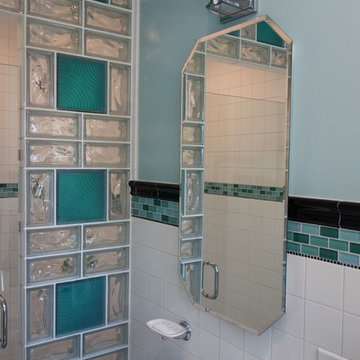 Multi patterned glass block shower wall with color in San Diego California