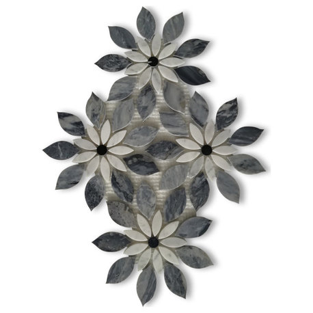 Bardiglio Gray Marble Wildflower Waterjet Mosaic Tile Polished, 1 sheet