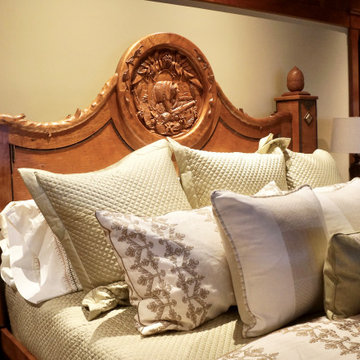 Rustic King Bed with Carvings and TV Lift