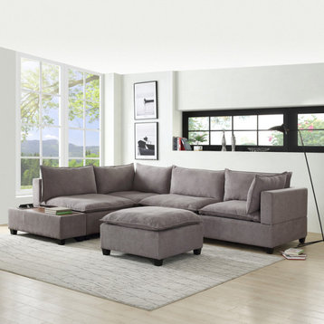 Madison Down Feather Sectional Sofa With Ottoman, Light Gray