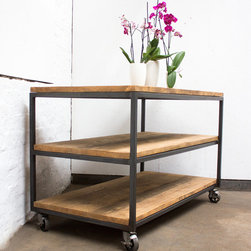 Charlie Reclaimed Scaffolding & Steel Box Framed Table with Shelves on Castors - Coffee Tables