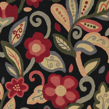 Green, Red, Orange and Black, Floral Contemporary Upholstery Fabric By The Yard