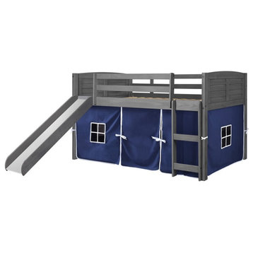 Donco Kids Louver Twin Solid Wood Low Slide Loft Bed with Blue Tent in Gray