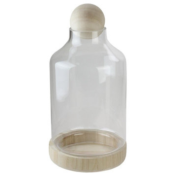 14" Transparent Glass Hurricane With Decorative Wooden Lid and Base