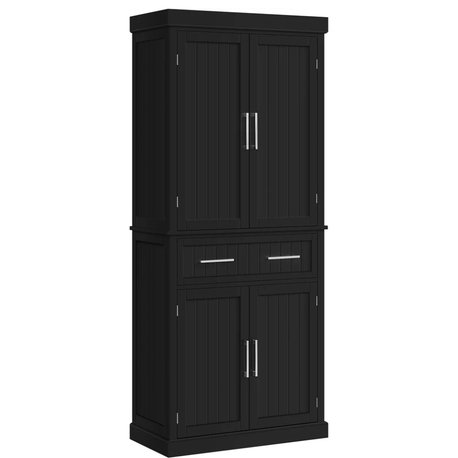 Tall Pantry Cabinet, 4 Doors & Large Spacious Drawer With Grooved Accents, Black