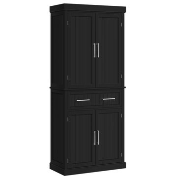 Tall Pantry Cabinet, 4 Doors & Large Spacious Drawer With Grooved Accents, Black