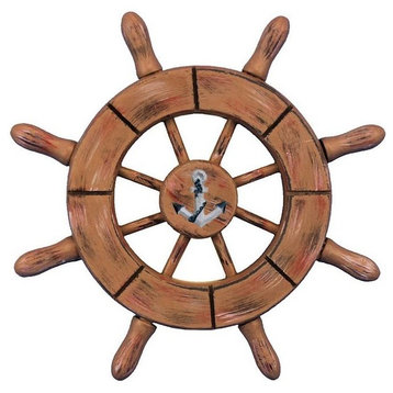 Rustic Wood Finish Decorative Ship Wheel With Anchor 6'', Boat Steering Wheel