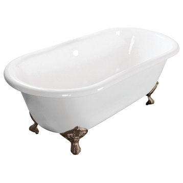 VCTND603017NB8 60" Cast Iron Double Ended Clawfoot Tub, White/Brushed Nickel