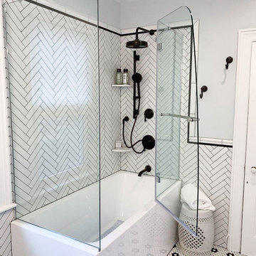Open Glass Shower Exposure with Hinged Glass Door and Curved Partition