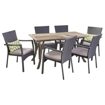 GDF Studio 7-Piece Ronnie Outdoor Wood and Wicker Dining Set, Gray Finish/Gray