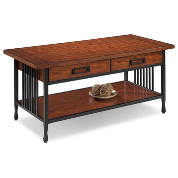 Rectangular Coffee Table, Slatted Sides With Lower Shelf, Burnished Mission Oak