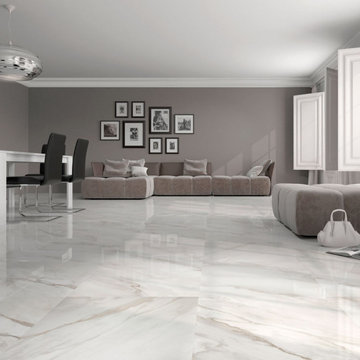 Calacatta White Gloss Porcelain Floor Tiles - Beige Vein Rectified