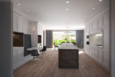 Inspiration for a large transitional medium tone wood floor and brown floor eat-in kitchen remodel in Montreal with an undermount sink, recessed-panel cabinets, white cabinets, quartz countertops, white backsplash, stone slab backsplash, stainless steel appliances and an island