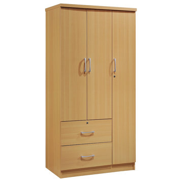3-Door 36" Wide Armoire With 2-Drawers, Clothing Rod and 3-Shelves, Beech