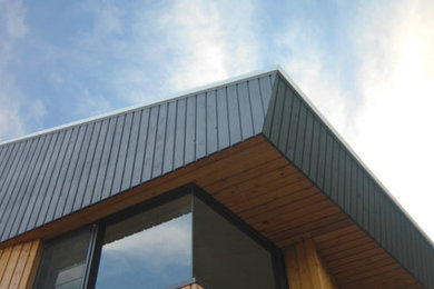 Photo of a contemporary two-storey multi-coloured house exterior in Perth with wood siding and a metal roof.