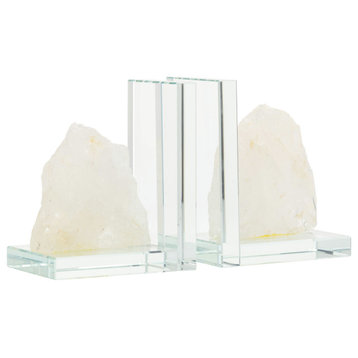 Glass, Set of 2 5"H Bookends With White Stone, Clear