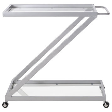 Cantrell Modern Iron and Glass 2 Tier Bar Cart, Silver