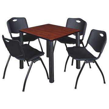 Kee 30" Square Breakroom Table- Cherry/ Black & 4 'M' Stack Chairs- Black