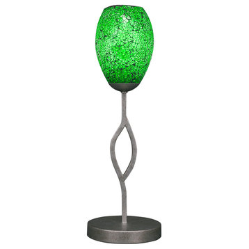 Revo Mini Table Lamp In Aged Silver, 5" Green Fusion Glass
