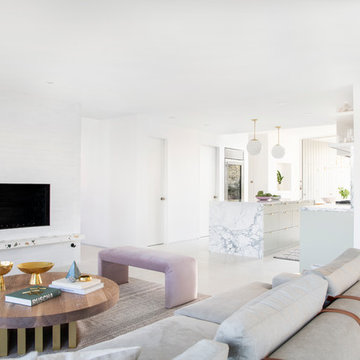 Mandy Moore Living Room with White Brick Fireplace