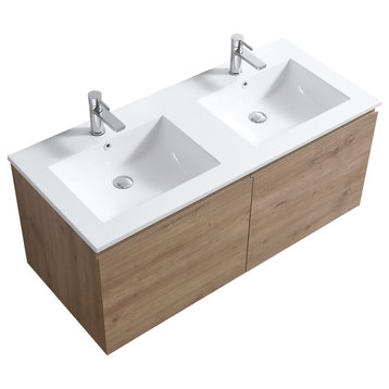 KubeBath Balli 48'' Double Sink Wall Mount Bath Vanity, White Oak