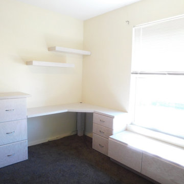 Custom Savona Corner Desk with Cabinets, Floating Shelves and Window Bench Seat