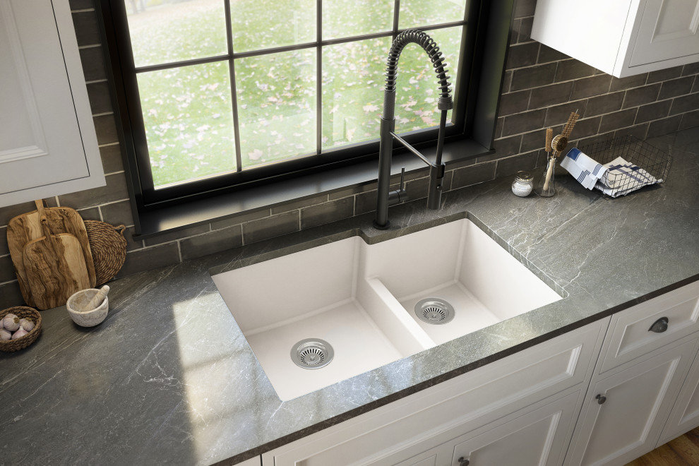 Karran 32" Undermount Large/Small Bowl Quartz Kitchen Sink, White