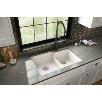 Karran 32" Undermount Large/Small Bowl Quartz Kitchen Sink, White