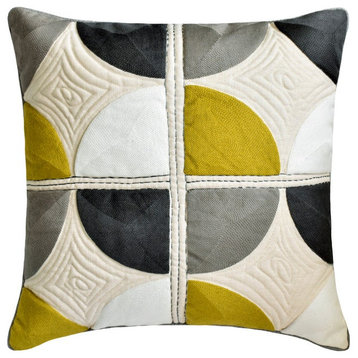 Yellow & Grey Cotton Embroidery & Quilted 24"x24" Throw Pillow Cover - Spatial