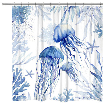 Blue Watercolor Jellyfish Shower Curtain, 71x72
