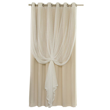 2 Piece Mix and Match Wide Dotted Tulle Lace Blackout Curtain Set, Beige