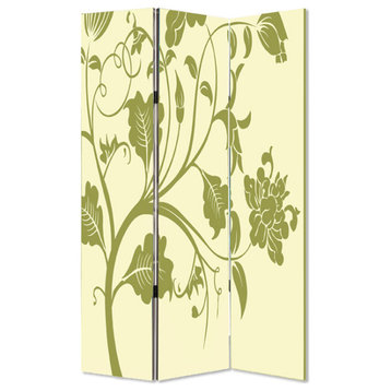 Benzara BM26494 3 Panel Room Divider with Stems & Flower Pattern, Cream & Green