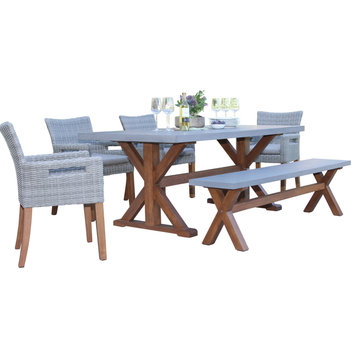 6-Piece Eucalyptus and Wicker Dining Set With Composite Backless Bench