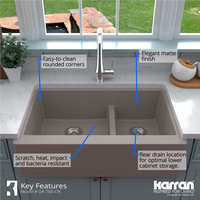 Karran Farmhouse/Apron-Front Quartz 34" Double Offset Bowl Sink, Concrete