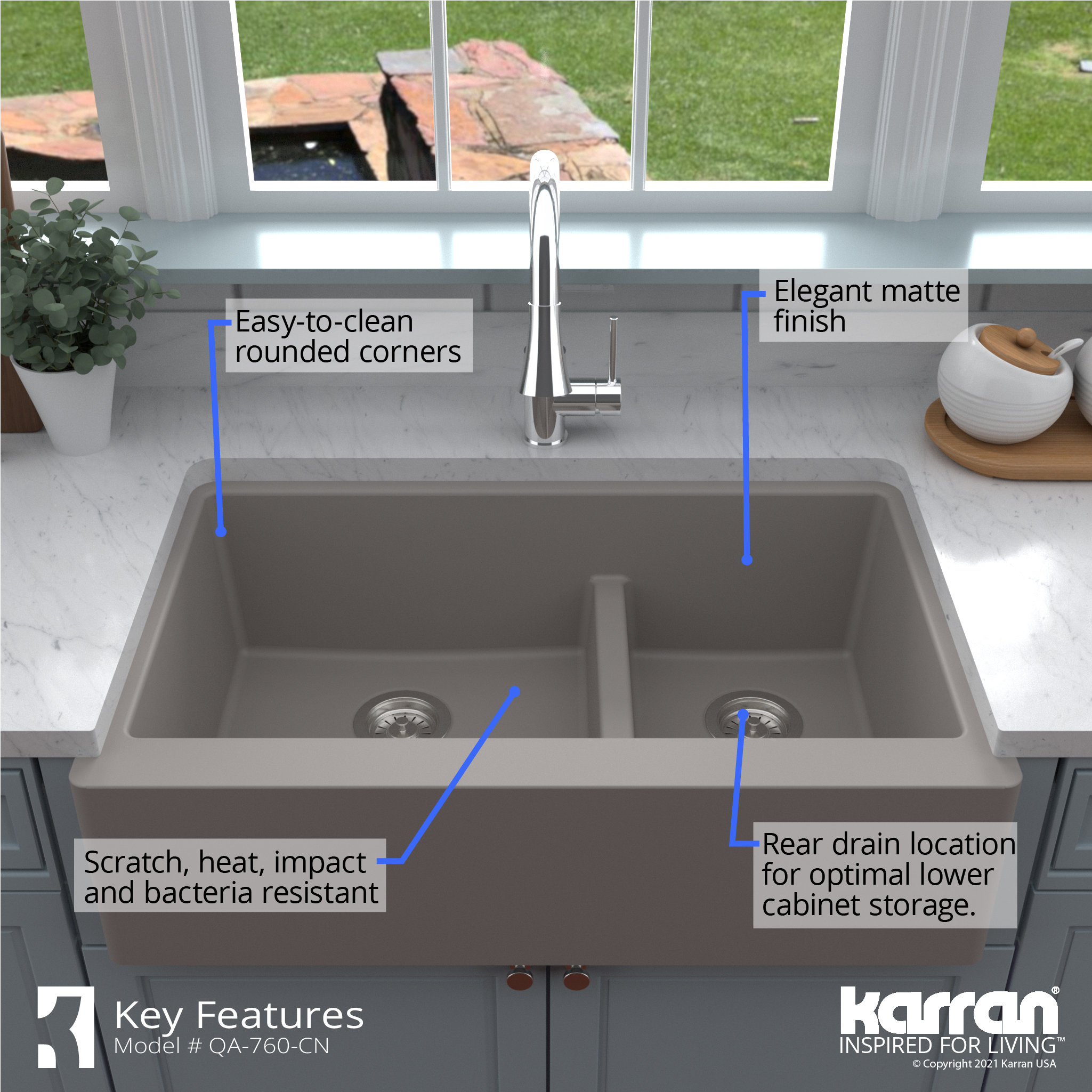 Karran Farmhouse/Apron-Front Quartz 34" Double Offset Bowl Sink, Concrete
