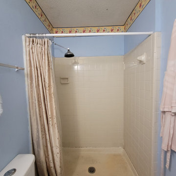 Before: Worn Shower with Dated Tile and Fixtures