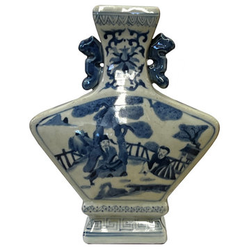 Chinese Blue White Porcelain Oriental Graphic Fan Shape Vase Hws3002