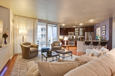 Mid-sized trendy open concept light wood floor living room photo in Chicago with white walls and a tv stand