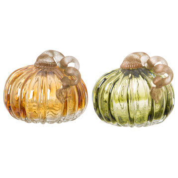 Set of 2 Green and Amber Crackle Glass Short Pumpkin