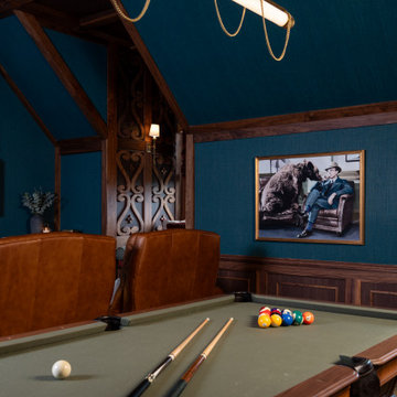 Luxury Moody Game Room with Pool Table, Walnut Millwork and Brass Lighting