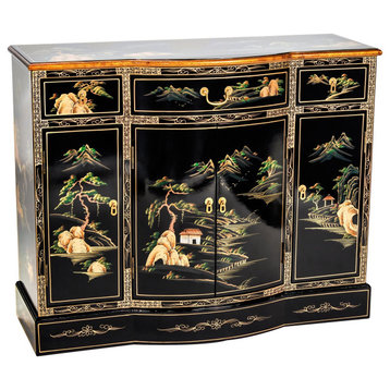 Traditional Oriental Sideboard, Curved Design With Hand Painted Accent, Black