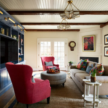 Cozy Colonial Family Room with Navy Built-in and a Symphony of Color