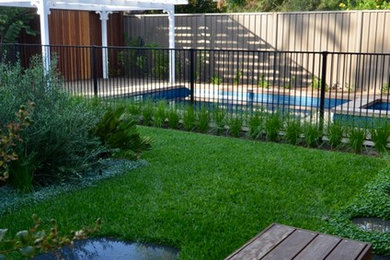 Photo of a mid-sized contemporary backyard partial sun xeriscape for spring in Perth with decking.