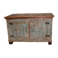 Mogul Interior - Consigned Antique Indian Hope Chest Sideboard Distressed Blue TV Console Buffet - Buffets and Sideboards