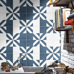 Moroccan Mosaic & Tile House - 8"x8" Tantan Handmade Cement Tile, Navy Blue/White, Set of 12 - Wall And Floor Tile