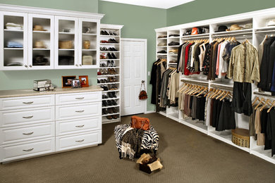 Inspiration for a traditional storage and wardrobe in Charlotte with raised-panel cabinets, white cabinets, carpet and brown floor.