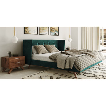 Modrest Durango Modern Green Fabric and Walnut Bed, Eastern King