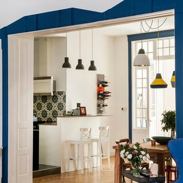 Wine storage racks in Scandinavian modern kitchen